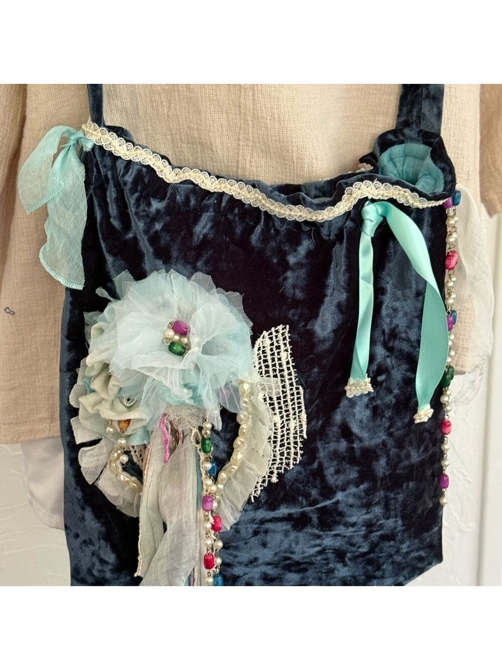 Handmade Blue Crushed Velvet Crossbody Bag - Picture 3 of 12